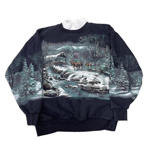 Vintage Sweaters - Vintage AOP Winter Snow Deer Horse Outdoor River Nature Crewneck Warm Sweater M